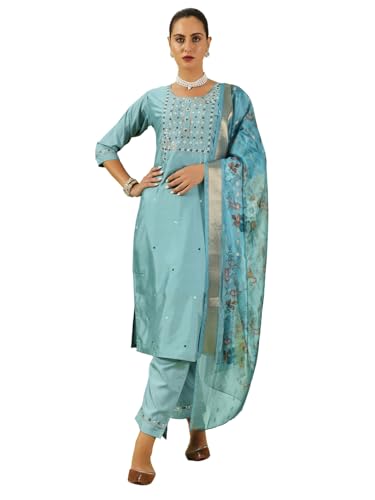 VredeVogel Damen Kurta Pant Set mit Dupatta | Seidenmischung Kurta Set für Frauen, Himmel, Medium von VredeVogel