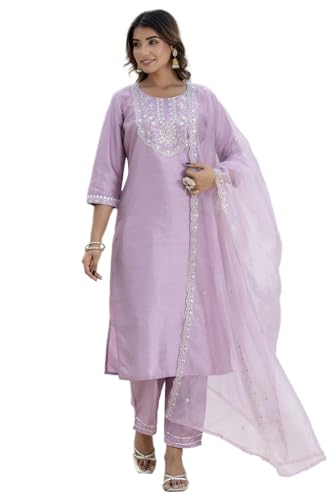VredeVogel Damen Kurta aus Seidenmischgewebe, bestickt, mit Hose und Dupatta-Set, Lavendel, M von VredeVogel