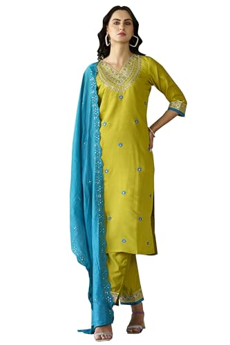 VredeVogel Damen Seidenmischung Kurta Hose Set mit Chanderi Silk Stickerei Dupatta, Zitrone, XXL von VredeVogel