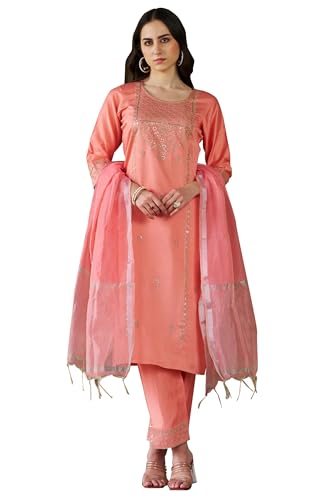 VredeVogel Damen Viskose Rayon bestickt Kurta mit Hose & Chanderi Seide Dupatta Set, Pfirsich, L von VredeVogel