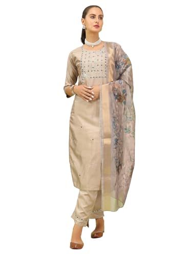VredeVogel Kurta-Hosenset für Damen mit Dupatta | Kurta-Set aus Seidenmischung für Damen, Beige, Large von VredeVogel