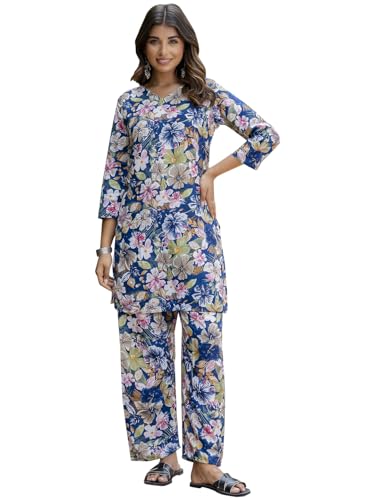 VredeVogel Kurta-Set aus Baumwollmischgewebe für Damen, Koordinations-Set, Kurta-Hosen-Set, bedruckt, kurti mit Hose, Salwar-Anzug, N-Blau, L von VredeVogel