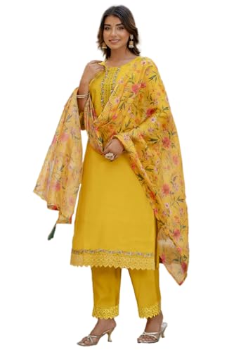 VredeVogel Kurta Set mit Dupatta | Viskose Römische Seide bestickt Kurta Set für Frauen | Damen Ethno Casual Kurti Set | Kurta Hose Festlicher Anzug, Gelb, XL von VredeVogel