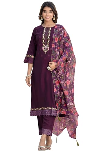 VredeVogel Kurta Set mit Dupatta | Viskose Römische Seide bestickt Kurta Set für Frauen | Damen Ethno Casual Kurti Set | Kurta Hose Festlicher Anzug, Violett, XXL von VredeVogel