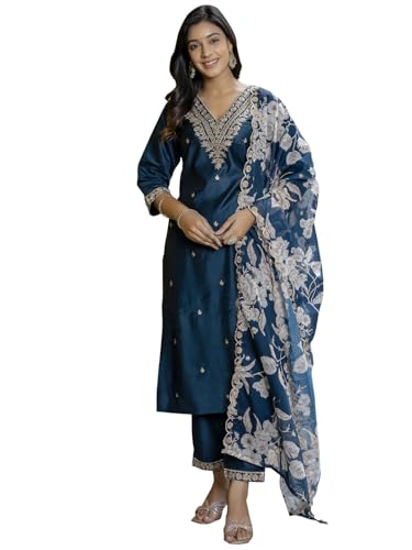 VredeVogel Kurta Set mit Dupatta | bestickte Viskose-Rayon-Kurta-Hose für Damen, Blaugrün/Ein Hauch von Paradies (Trace of Paradise), Large von VredeVogel