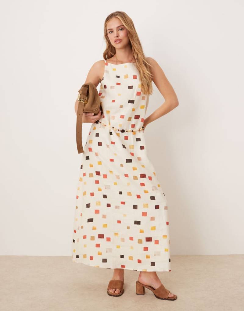 VRG GRL - Elma - Midikleid aus Leinen mit buntem Kachelmuster und Bindegürtel von Vrg Grl