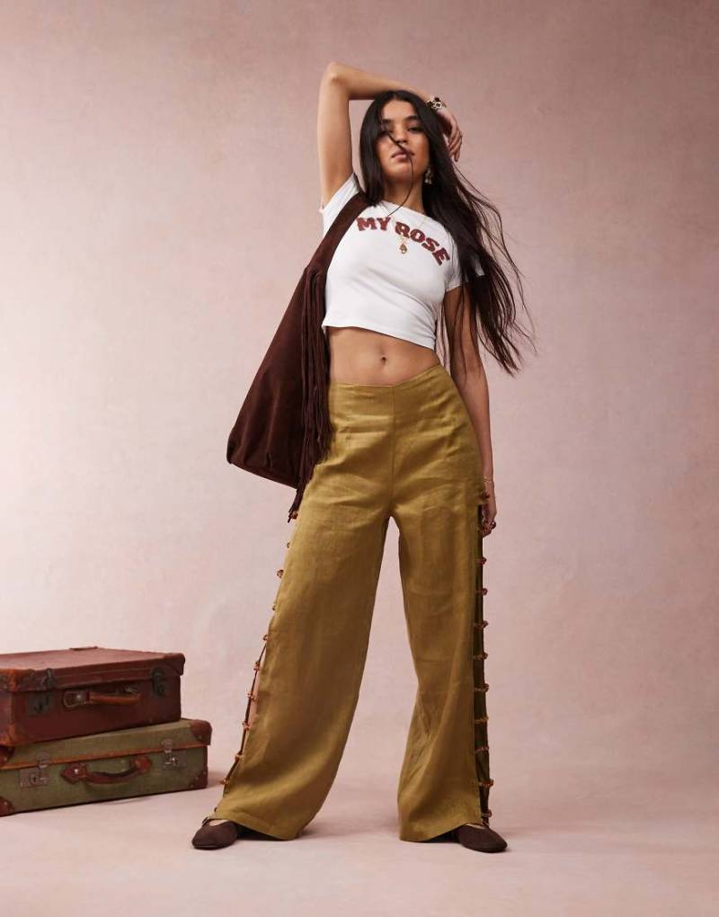 VRG GRL - Tia - Leinenhose in Olivgrün mit Perlenverzierung, Kombiteil von Vrg Grl