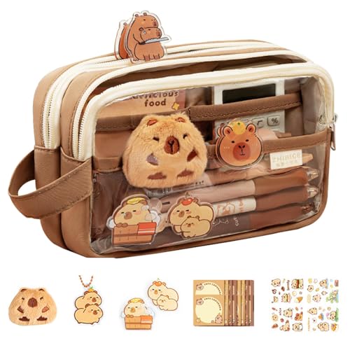 Capybara Pencil Bag, Pencil Pouch for Girls, Transparent Capybara Cute Pencil Pouch With Compartments, Wide Opening Mouth Pencil Pouch With Handle, Large Capacity Portable Makeup Bag for Stationery, von Vriusi