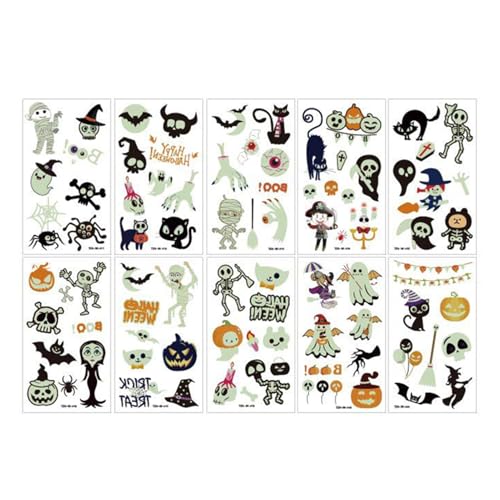 Vriusi Halloween Temporary Decal, 10pcs Kids Halloween Glow-in-the-dark Stickers, Kids Body Decal Halloween Stickers, Pumpkin Ghost Halloween Stickers, Assorted Patterns Decals for Halloween von Vriusi