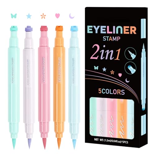 Winged Eye Liner Stamp | Long-Lasting Quick-Drying Eye Liner Set | Star, Moon Heart, Flower Colorful Winged Eye Liners, 5 Double Ended 2-in-1 Eye Makeup Pen for Festival Makeup von Vriusi