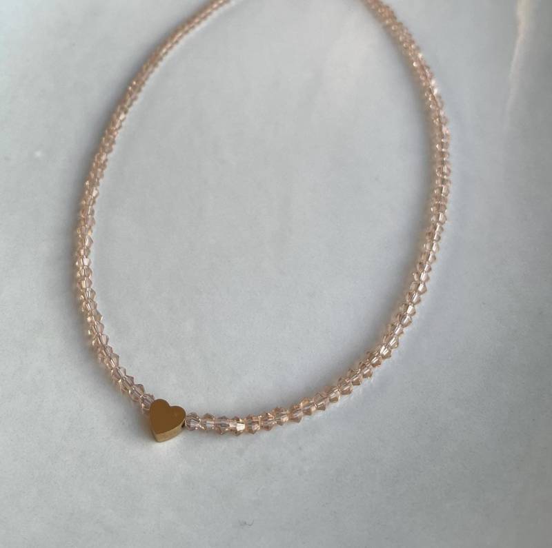 Halskette Aus Glaskristall in Champagner Mit Herz Gold Für Damen Halskette Aus Glaskristall in Champagner Mit Herz Gold Für Damen von VronisAtelierShop