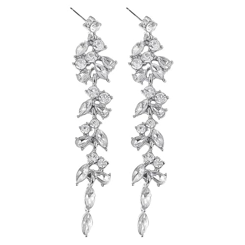 Vroxdrez Lange Strass Ohrringe, Silber Blatt Cz Tropfenmodelle, Funkelnde Kronleuchter-Artikel, Hochzeit Schmuck für Bräute, elegante Modelle für Frauen und Mädchen. von Vroxdrez