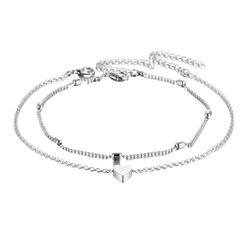 Vroxdrez Silber Fußkettchen für Damen, Verstellbare doppelte Fußkette mit Herz, Eleganter Strand Fußschmuck, Geschenk für Frauen & Mädchen (mit Geschenkbox) von Vroxdrez