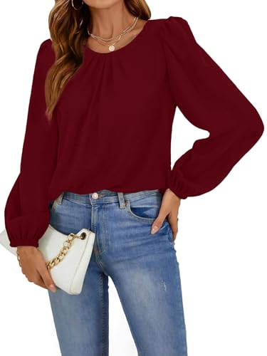 Vrtige Damen Casual Rundhals Plissee Laterne Langarm Bluse Shirt Top, Burgunder, Klein von Vrtige