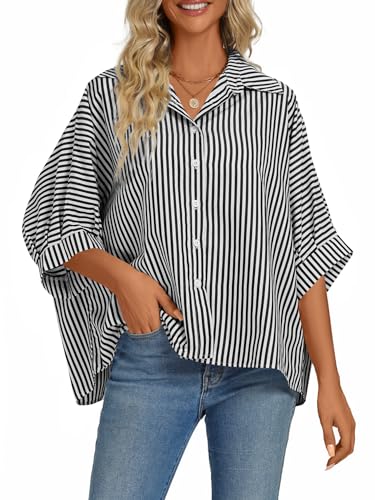 Vrtige Damen Casual Streifen Button Down Kragen V Ausschnitt Halbarm Lose Bluse Shirt Top, Schwarz, XX-Large von Vrtige