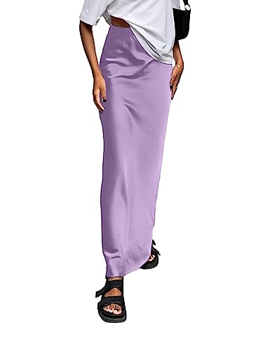 Vrtige Damen Elegant Satin Seidige Hohe Taille Reißverschluss Flowy A Linie Maxi Langer Rock, Violett, Groß von Vrtige