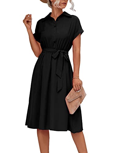 Vrtige Damen Kragen Hals Button Down Tie Taille Kurzarm A Linie Midi Hemdkleid, Schwarz#, Klein von Vrtige