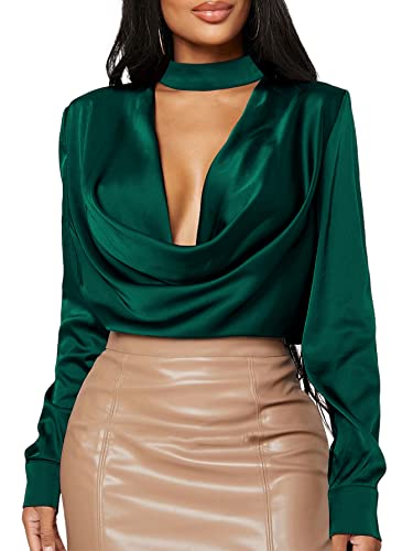 Vrtige Damen Satin Seide Wasserfallkragen Rüschenfront drapiert Langarm Bluse Shirt Top, Dunkelgrün, Mittel Vrtige Damen Satin Seide Wasserfallkragen Rüschenfront drapiert Langarm Bluse Shirt Top, Dunkelgrün, Mittel von Vrtige