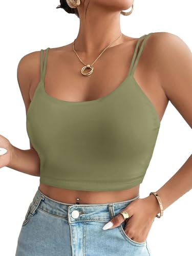 Vrtige Damen Spaghettiträger U-Ausschnitt Ärmellos Rippstrick Tailliert Crop Top Cami Shirt, Grün , Mittel von Vrtige