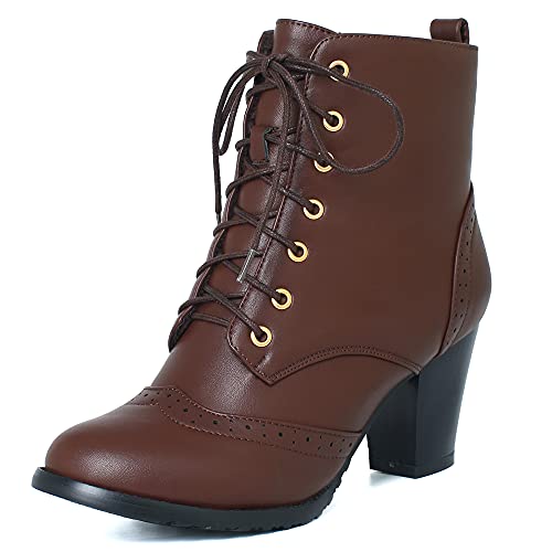 Vrupons Retro Schnürstiefeletten Damen mit Blockabsatz und Warmem Innenfutter Ideal für Herbst und Winter Modische Kurze Stiefel für Damen(Braun, 41EU) von Vrupons