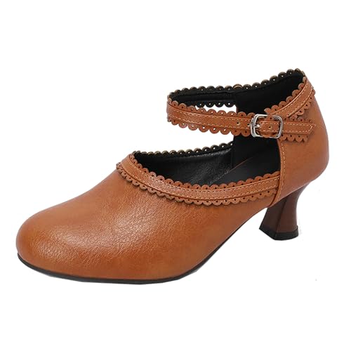 Vrupons Damen Arbeitsschuhe Pumps mit Spitze Verzierte Runde Köpfe, 6 cm Blockabsatz und Rutschfester Gummisohle (Gelb, 40) von Vrupons