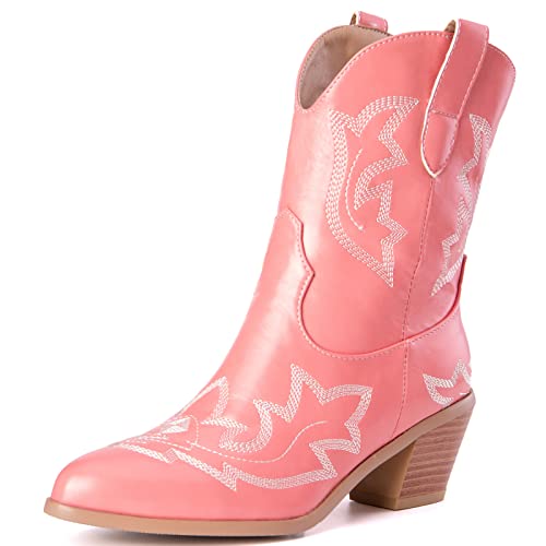 Vrupons Damen Cowboystiefel mit spitzer Zehe und bequemen Blockabsätzen Westernstiefel (Rosa, 37) von Vrupons