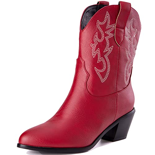 Vrupons Damen Cowboystiefel mit spitzer Zehe und bequemen Blockabsätzen Westernstiefel (Rot, 39) von Vrupons