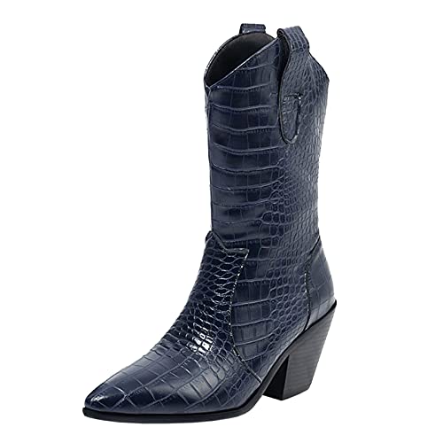 Vrupons Damen Halbhohe Cowboystiefel mit klobigem Absatz(Blau,39) von Vrupons