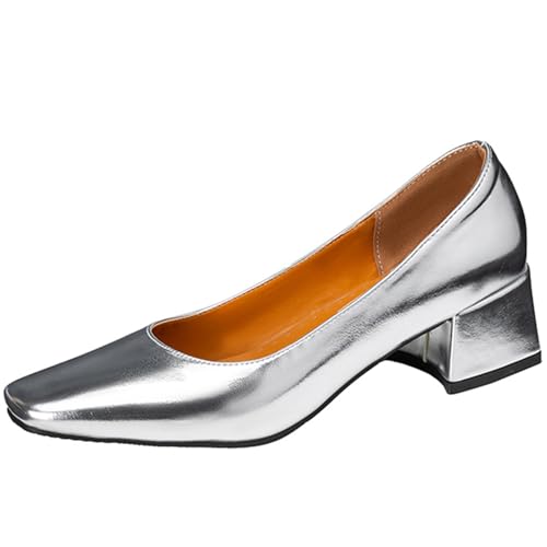 Vrupons Damen Hochzeitsschuhe mit Blockabsatz - Slip-On Design & Quadratkappe | Elegante Brautjungfernschuhe für Abendkleider(Silber, 41) von Vrupons