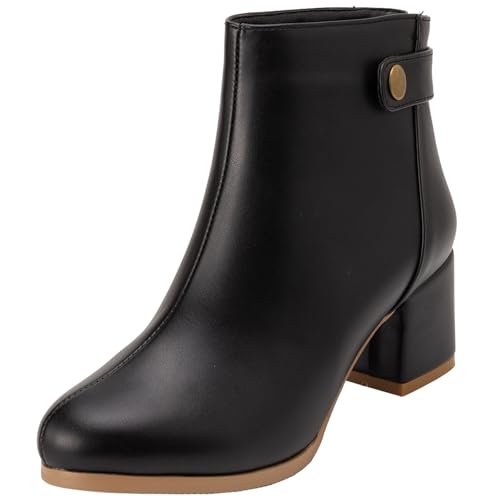 Vrupons Damen Mode Kurzstiefel mit Reißverschluss hinten Großer Absatz Runde Zehen Futter mit warmem Fell Stilvolle Stiefel für Herbst (Pu Schwarz, 43 EU) von Vrupons