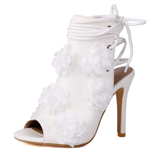 Vrupons Damen Peep-Toe-Hochhackensandalen | 3D-Blumen & Riemen-Design | Freizeittreffen/Modeveranstaltungen (Weiß, 38 EU) von Vrupons