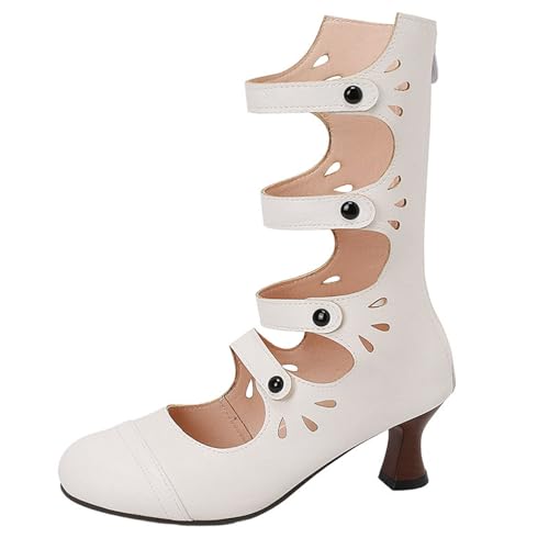Vrupons Damen Retro Geschlossene Zehe Stiefelette mit Multiple Strap und Blockhacke (Weiß, 33) von Vrupons