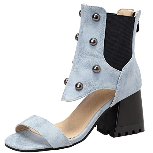 Vrupons Damen Sommerstiefel Sandalen mit offener Zehenpartie und klobigen Absätzen (Blau, 44) von Vrupons