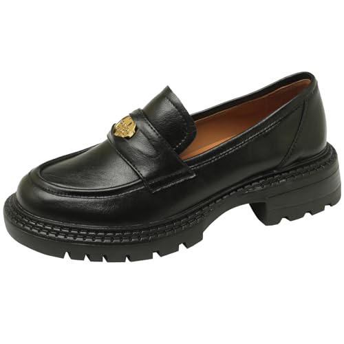 Vrupons Damen Vintage Loafer mit Dicker Sohle und weichem Boden - Lässige Loafer aus echtem Leder (Schwarz, 37) von Vrupons