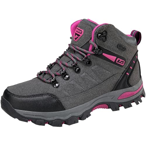 Vrupons Damen Wasserfeste und Strapazierfähige Wanderstiefel - rutschfeste Sohle, Perfekt für Kletter- und Trekkingabenteuer (Grau Fuchsie, 39) von Vrupons