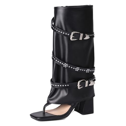 Vrupons Damen Zehenring-Mittelstiefelsandalen, Blockhacke | Strassknopf & Reißverschluss | Freizeit, Mode (Schwarz, 40 EU) von Vrupons