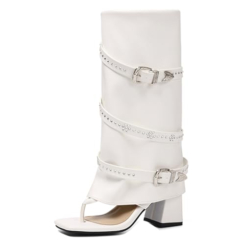 Vrupons Damen Zehenring-Mittelstiefelsandalen, Blockhacke | Strassknopf & Reißverschluss | Freizeit, Mode (Weiß, 38 EU) von Vrupons