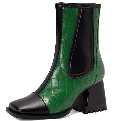 Vrupons Damenmode Chunky Heels Chelsea Stiefel und Ankle Booties mit Rückenreißverschlüssen für Dating/Business (Grün, 39) von Vrupons