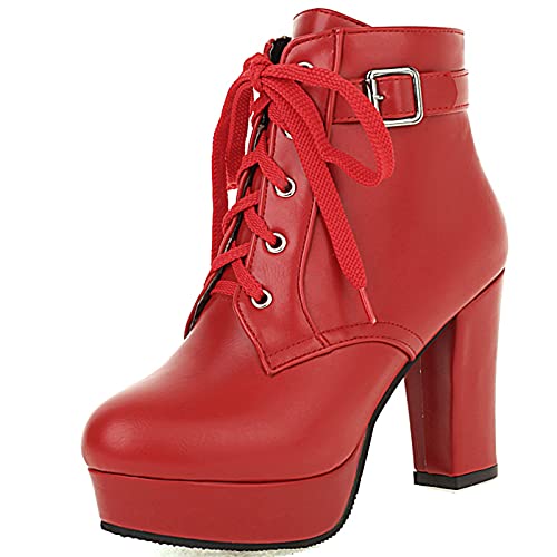 Vrupons Elegante Plateau-Stiefeletten mit Schnürung für Damen (Rot, 37) von Vrupons