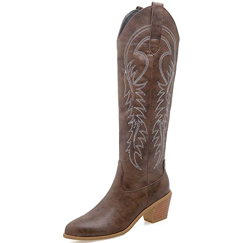 Vrupons Fashion Kniehohe Cowboystiefel mit Stickerei und lange Westernstiefel mit Blockabsatz für Damen(Dunkelbraun, 38) von Vrupons