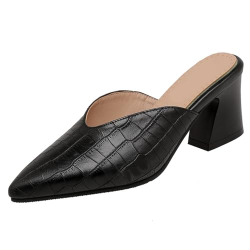 Vrupons Hochzeitsgäste Mules | 6,5 cm Blockabsatz & Krokodilprägung | Damen Partyschuhe in Weiter Breite (Schwarz, 38 EU) von Vrupons