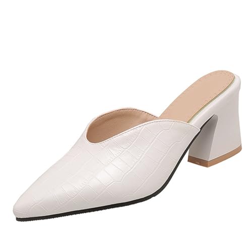 Vrupons Hochzeitsgäste Mules | 6,5 cm Blockabsatz & Krokodilprägung | Damen Partyschuhe in Weiter Breite (Weiß, 41 EU) von Vrupons