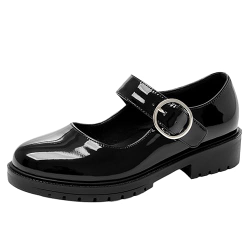 Vrupons Mary Jane Flache Schuhe | 3cm Niedrig Absatz Rundspitze mit Riemchen Lackleder (Schwarz, 42 EU) von Vrupons