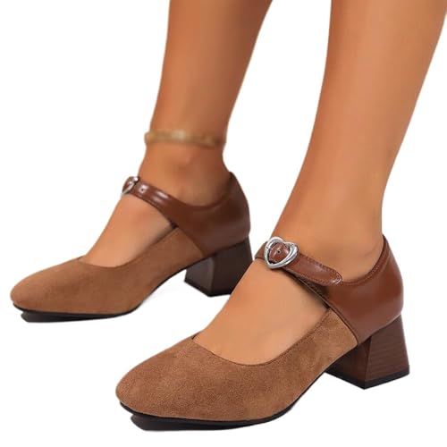 Vrupons Mary Jane Schuhe | 5cm Blockabsatz Quadratspitze mit Herz Schnalle für Damen Retro Stil (Braun, 38 EU) von Vrupons