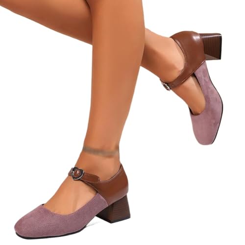 Vrupons Mary Jane Schuhe | 5cm Blockabsatz Quadratspitze mit Herz Schnalle für Damen Retro Stil (Rosa, 36 EU) von Vrupons