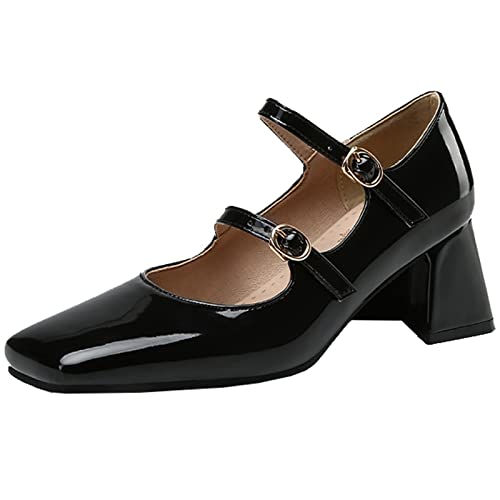 Vrupons Mode Damen Backstrap Marry Jane Schuhe mit Quadratischer Spitze und Doppelten Riemen（ Schwarz ， 38 ） von Vrupons