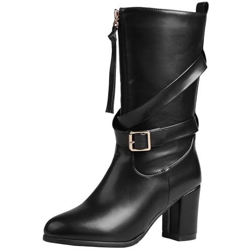 Vrupons Modische Mittelgroße Damenstiefel mit Runder Zehe und Klobigen Absatz Kurze Stiefeletten mit Geprägtem Design und Gürtelschnalle für Herbst Winter Stilvolle Schuhe (Schwarz, 49 EU) von Vrupons