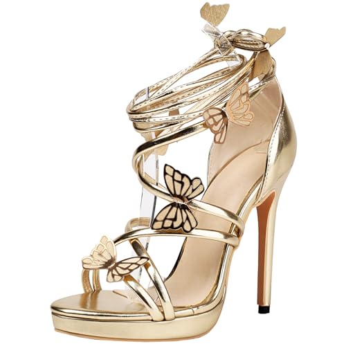 Vrupons Modische Schmetterlingssandalen mit hohem Absatz und dicker Sohle für Frauen - Einzigartige Riemchensandalen (Gold, 32) von Vrupons