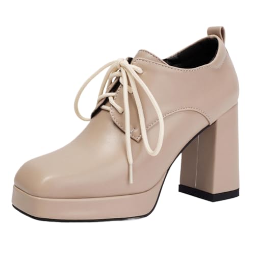 Vrupons Plateau Oxfords | 9,5cm Blockabsatz & 2cm Plateau Schnürschuhe für Damen Weite Passform (Beige, 35 EU) von Vrupons
