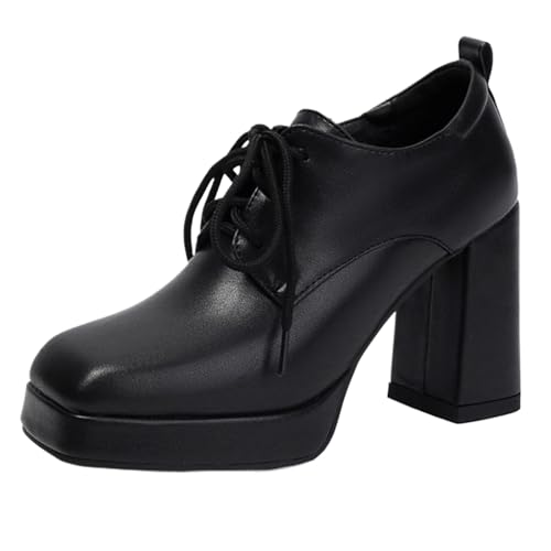 Vrupons Plateau Oxfords | 9,5cm Blockabsatz & 2cm Plateau Schnürschuhe für Damen Weite Passform (Schwarz, 44 EU) von Vrupons